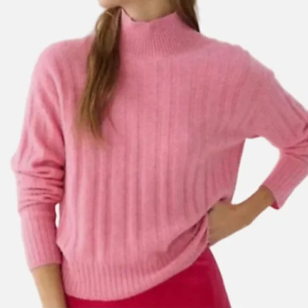 J. Crew Pink Ribbed Mock Neck Sweater Merino Wool Alpaca Blend Soft Knit Size S